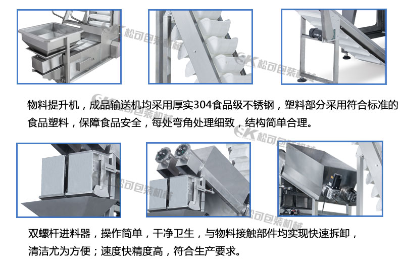 上料機(jī)，成品輸送機(jī)，兩頭螺桿秤細(xì)節(jié)描述圖